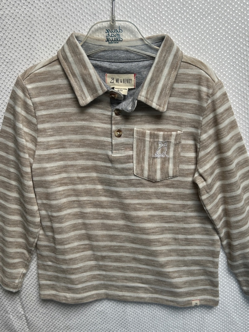 Me & Henry Tan Stripe Long-Sleeve Contrast Polo for Kids. Cotton. NWT